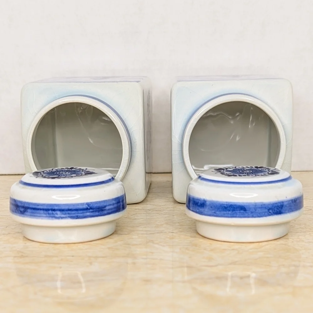 Vintage Pair Blue Delft Spice Jars Ceramic Lidded Holland Canisters